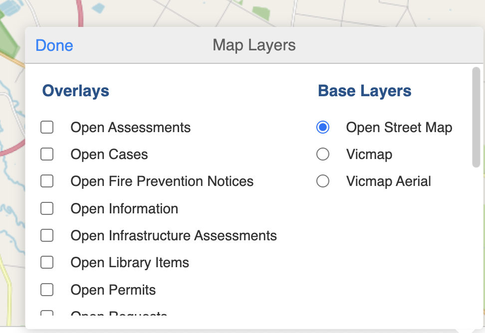 Screenshot of Map Layer selection including Overlays and Base Layers