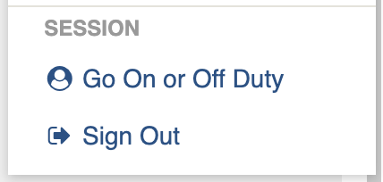 Screenshot of the Go On or Off Duty option in the user menu